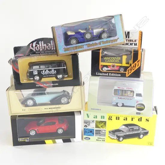 SMALL BOX WITH 7 MINT & BOXED DIE CAST  CARS VARIOUS MAKERS 
