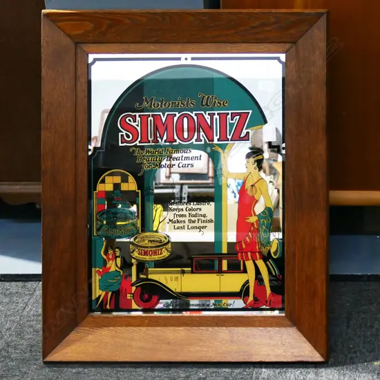 WOODEN FRAMED SIMONIZE WAX ART DECO MIRROR, H.680mm W.550mm