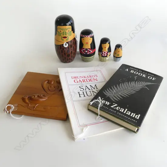 MAORI BABUSHKA DOLL H140 RIMU FANTAIL PLAQUE H140MM SAM HUNT POEM BOOK &A BOOK OF NZ 