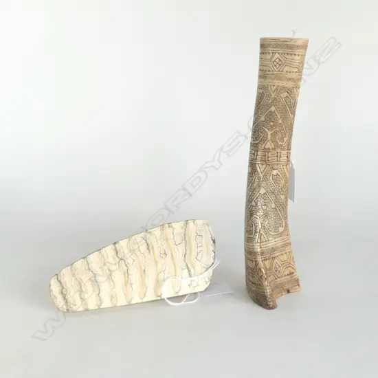 CROSS SECTION OF ELEPHANT TOOTH L160MM & CARVED INDONESIAN BONE CONTAINER H220MM