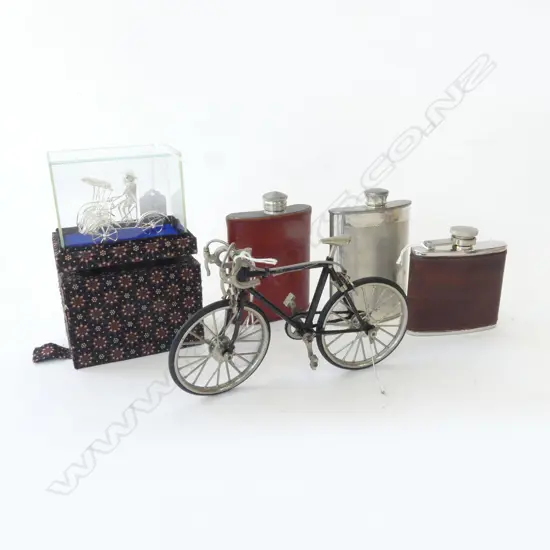 THREE CONTEMPORARY METAL HIP FLASKS, VINTAGE MINATURE RACING BIKE & BOXED ORIENTAL SILVER FILIGREE RICKSHAW
