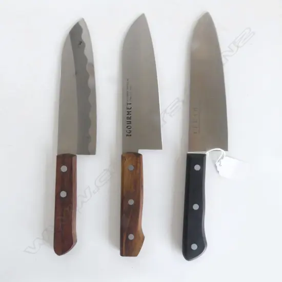 3 WOODEN HANDLED CHEF KNIVES