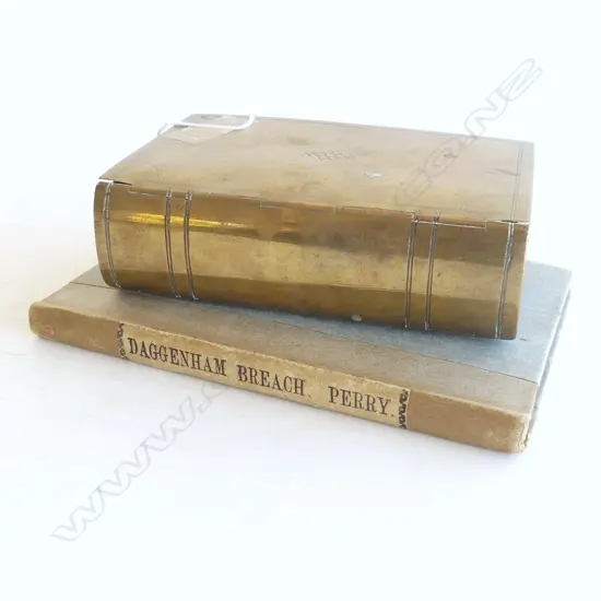 1720 ANTIQUE REBOUND BOOK 'DAGGENHAM BREACH' H.175mm + BRASS BOOK FORM CONTAINER H.145mm