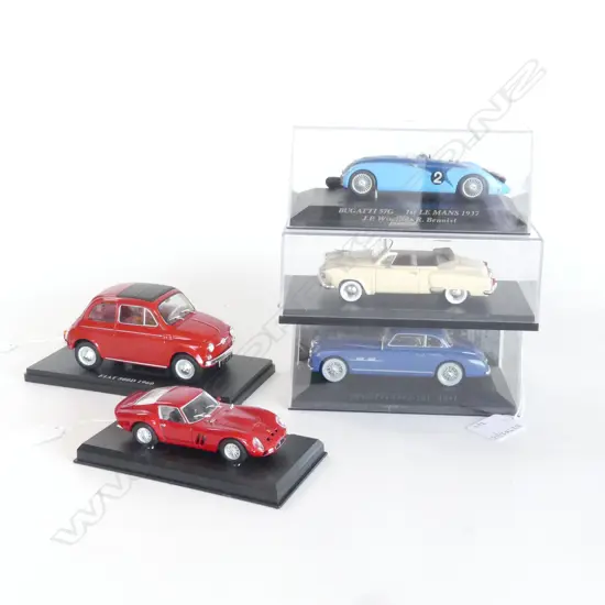 3 CASED DIE CAST MODELS 2 BUGATTIS & STUDEBAKER L160MM  ALSO DIE CAST FIAT BAMBINA L120 &FERRARI 250GTO L100
