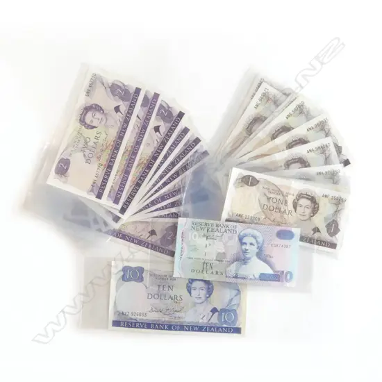22 VINTAGE NZ BANK NOTES; 10x $1, 10x $2, 2x $10