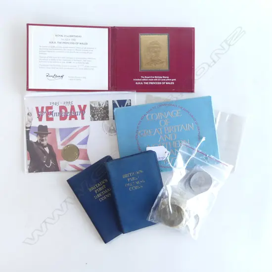 COLLECTION UK COIN ISSUES, 8 CHURCHILL CROWNS ETC & GOLD STAFFA STAMP commemorating the 21st b'day the Princess of Wales