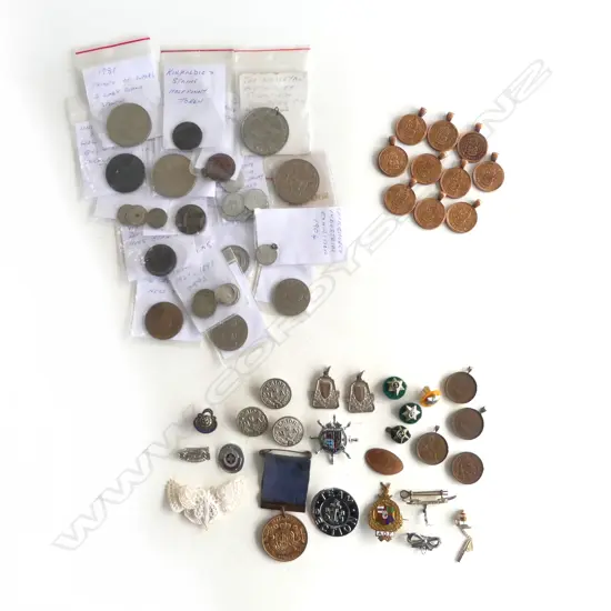 COLLECTION ASST. BADGES, PENDANTS, TOKENS, COINS, MEDALETTES & HALF PENNY PENDANTS