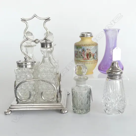 5 PCES; CRUET SET, 2 CRYSTAL CONTAINERS, 2 VASES 