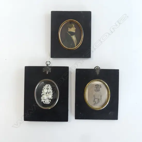 3 19thC MINIATURES; FLORAL CARVING, 2 PORTRAITS (GENT 'C. HEAD b. JUNE 23rd 1817')
