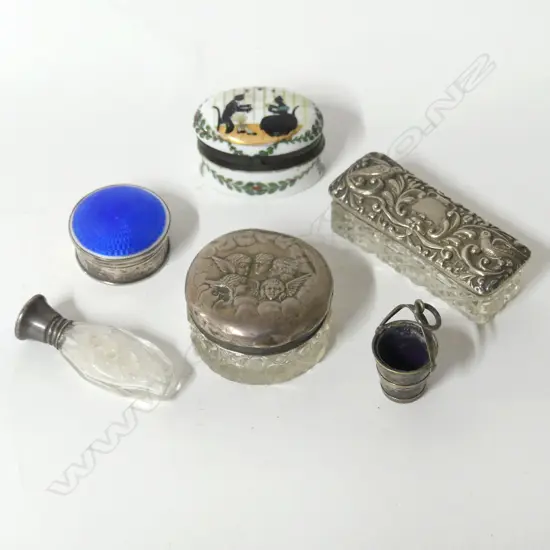 4 ASST. ANTIQUE STG CONTAINERS + CERAMIC & BUCKET CHARM