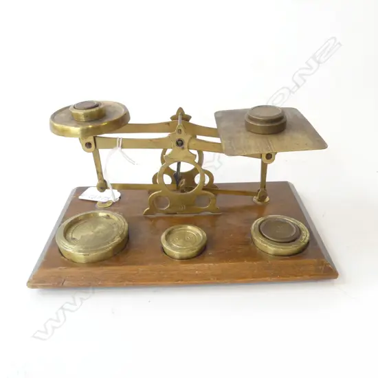 OLD  BRASS & MAHOGANY POSTAL SCALES,WITH BRASS WEIGHTS