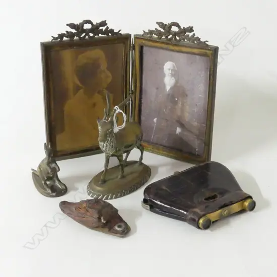 2 BRASS ANIMALS; KANGAROO & STAG, CROC HEAD, ANTIQUE PHOTO FRAME H.175mm, FOLDING OPERA GLASSES