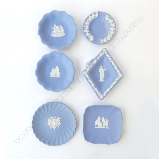 SIX WEDGWOOD BLUE JASPERWARE DISHES VARIOUS PATTERNS, L.95MM-145MM