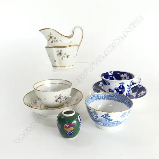 7 ANTIQUE ENGLISH CHINA PCES: tea bowls + MINI VASE + + SAUCERS + CREAM JUG ETC