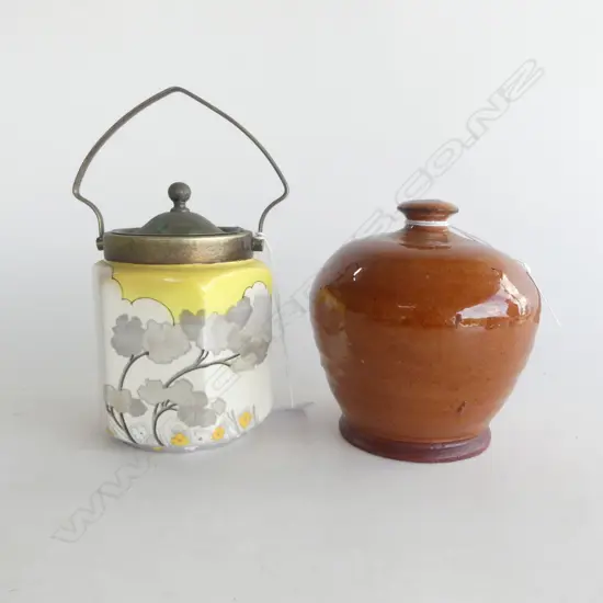 LIDDED SUGAR BOWL IN CLARICE TYPE PATTERN & INTERESTING EARTHERNWARE MONEY BOX
