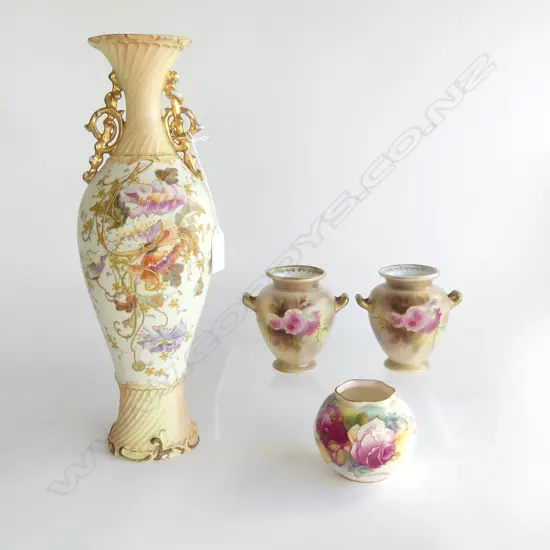 4 BLUSH VASES; PR R/BAYREUTH, R/WORCHESTER M. HUNT, RUDOLSTADT GERMANY H.325mm