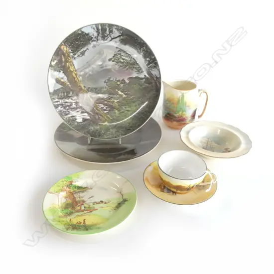 7 PC ROYAL DOULTON, 2 NZ THEMED PHOTO PLATES, COACH SCENE C/S/P, H.M.S VICTORY BOWL & JUG