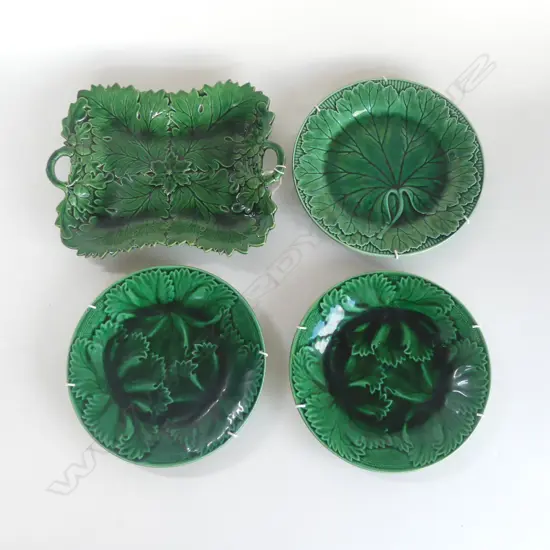 THREE WEDGWOOD MAJOLICA PLATES, D.200mm & REACTANGULAR DISH (some damage), 260 x 200mm 