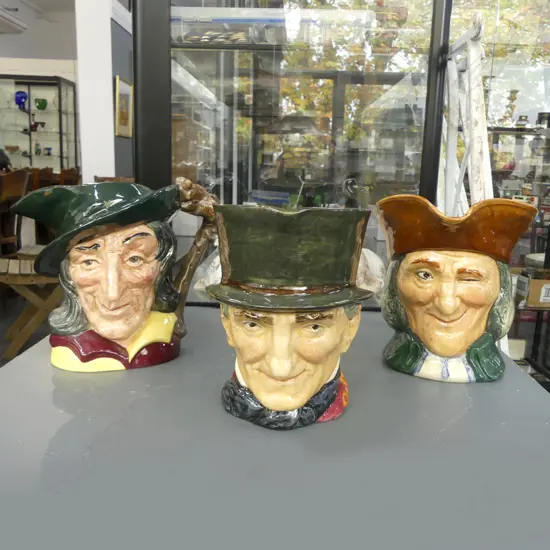 3 ROYAL DOULTON TOBY JUGS; PIED PIPER (TINY CHIPS), VICAR OF BRAY, JOHN PEEL H.180mm