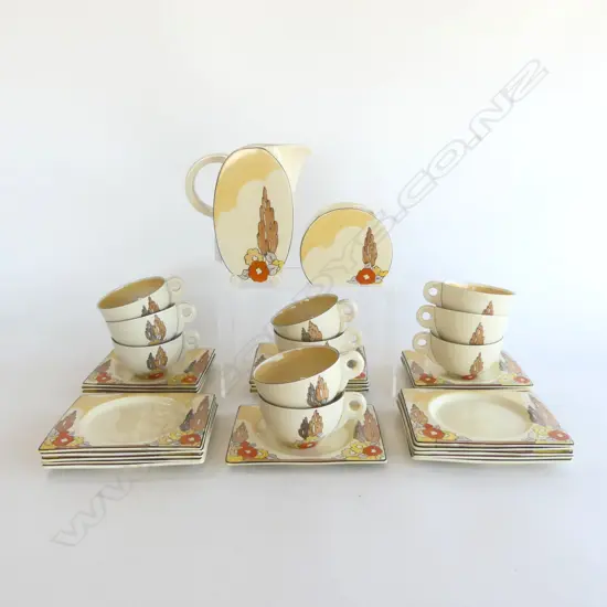 CLARICE CLIFF PART TEA SET 'CAPRI' PATTERN 11 PLATES & SAUCERS/10 CUPS/LGE JUG/SUGAR BOWL