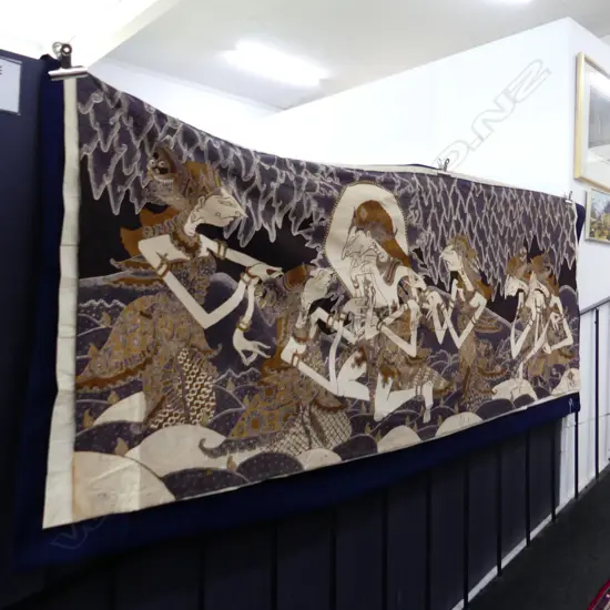 LARGE HANDMADE JAVANESE BATIK PANEL MULTI STYLISED FIGURES 900 x 2400mm signed ANTO YOGYA? blue cotton backing