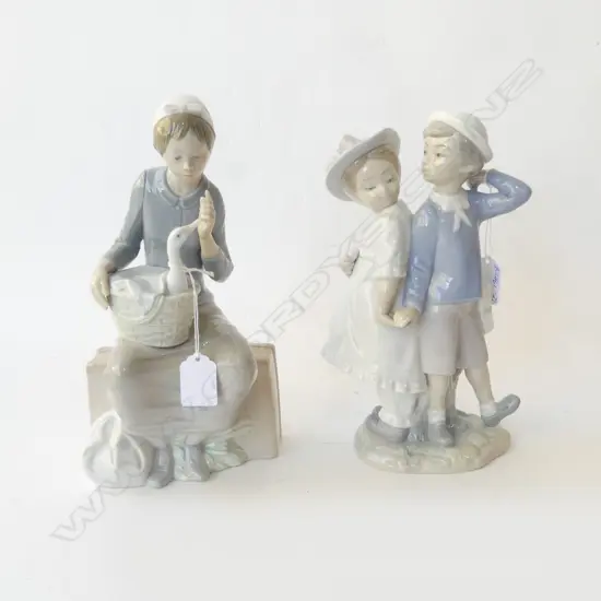 LLADRO BOY & GIRL HOLDING HANDS & NAO FIGURINE WOMAN w DUCK IN BASKET