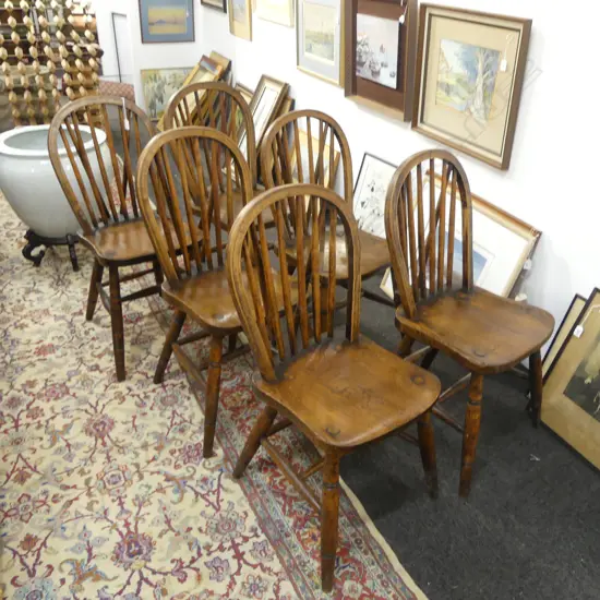 SET 6 ANTIQUE COUNTRY WINDSOR ELM & BEACH DINING CHAIRS possibly American