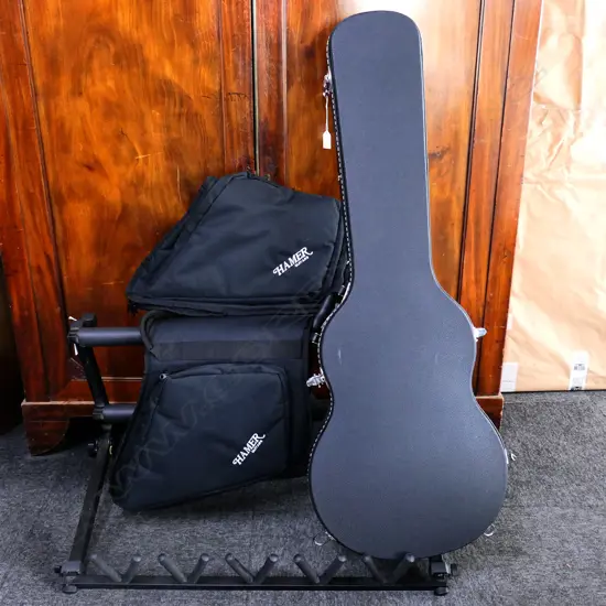 GUITAR HARD CASE WITH TWO SOFT CASES AND AND GUITAR STAND FOR 5 GUITARS