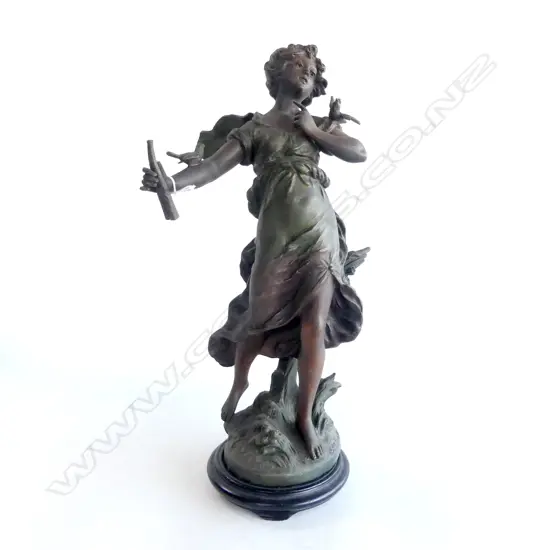 SPELTER FIGURINE GIRL WITH HUNTING HORN ON WOOD BASE H410MM