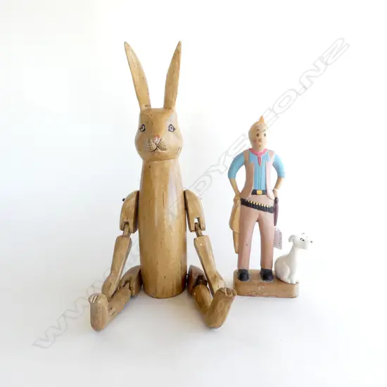 FOLK ART CARVED ARTICULATTED RABBIT H390MM & CARVED WOOD TIN TIN & DOG H280MM