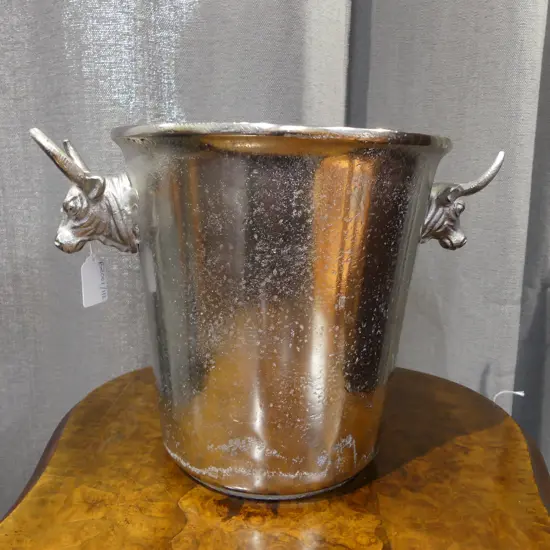 SILVER METAL CHAMPAGNE BUCKET w. BULL HANDLES H.230mm