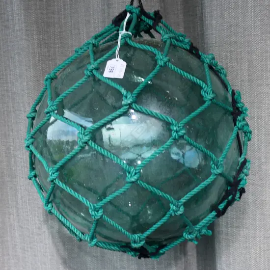 OLD GLASS FISHING FLOAT WITH NETTING hand blown APPROX. Dia.330mm