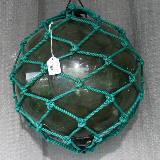 OLD GLASS FISHING FLOAT WITH NETTING hand blown APPROX. Dia.330mm