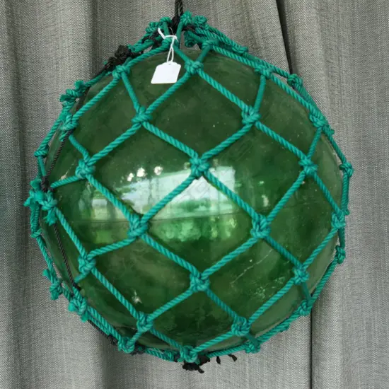 OLD GLASS FISHING FLOAT WITH NETTING hand blown APPROX. Dia.400mm