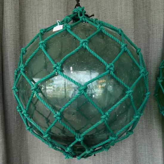 OLD GLASS FISHING FLOAT WITH NETTING hand blown APPROX. Dia.400mm