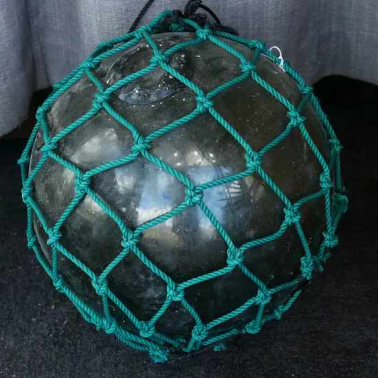 OLD GLASS FISHING FLOAT WITH NETTING hand blown APPROX. Dia.400mm