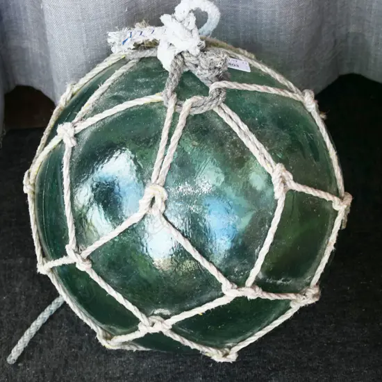 OLD GLASS FISHING FLOAT WITH NETTING hand blown APPROX. Dia.400mm