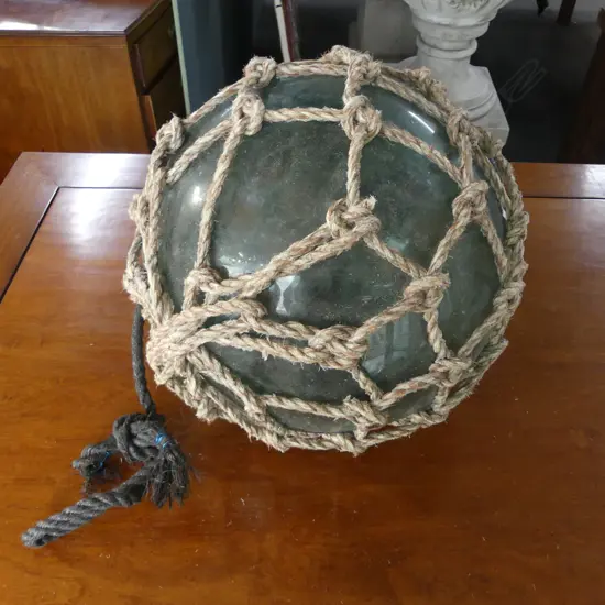 OLD GLASS FISHING FLOAT WITH NETTING hand blown APPROX. Dia.400mm
