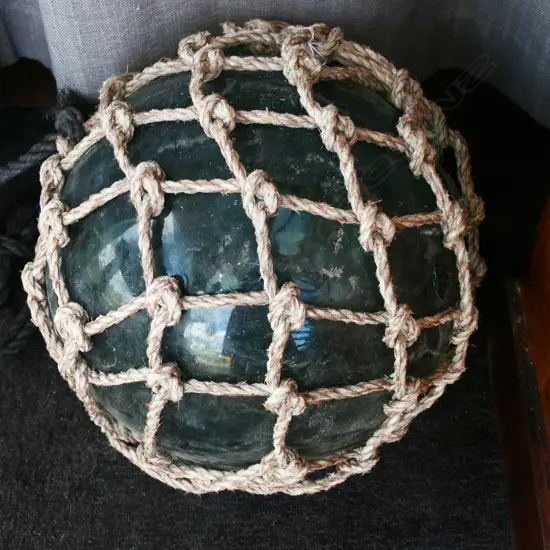 OLD GLASS FISHING FLOAT WITH NETTING hand blown APPROX. Dia.290mm