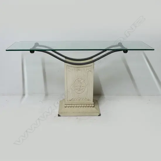 CONSOLE TABLE; GLASS TOP, WHITE COMPOSITE BASE 1400x400x755mm