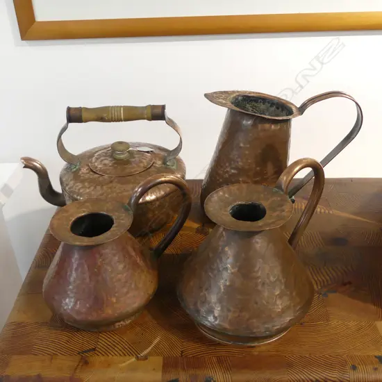 4 PCES COPPER; KETTLE, 3 JUGS H.235mm