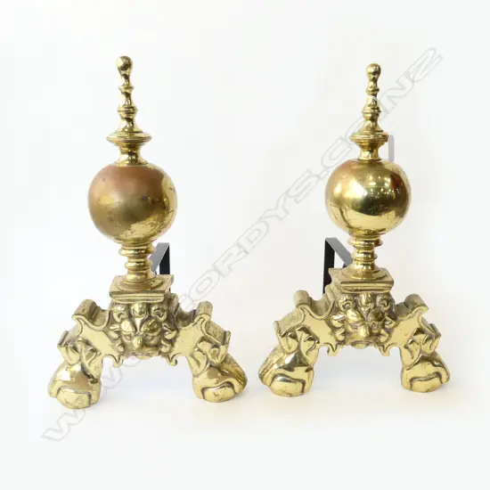 PR HEAVY BRASS FIREDOGS w. LION FACE BASES H460MM