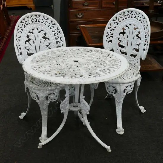 3 PCE WHITE METAL PATIO SET; PR CHAIRS + TABLE