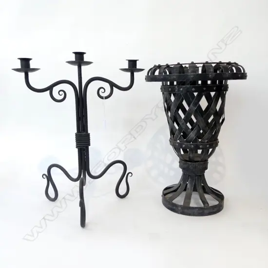 RUSTIC METAL TRELLIS URN H.470mm + 3 LIGHT WROUGHT IRON CANDLE HOLDER H.500mm