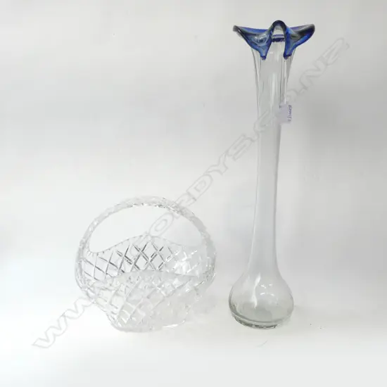 TALL GLASS VASE SIGNED MURANO '86 H.530mm + CRYSTAL BASKET