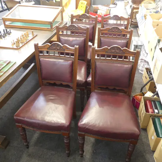 6 EDWARDIAN MAROON LEATHER DINING CHAIRS