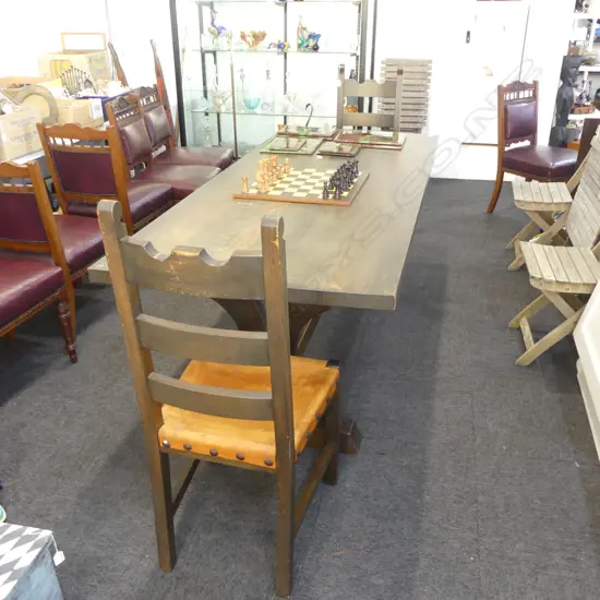 DINING TABLE w. STRETCHER BASE + PR SPANISH STYLE DINING CHAIRS w. LEATHER SEATS 2130x895x785mm