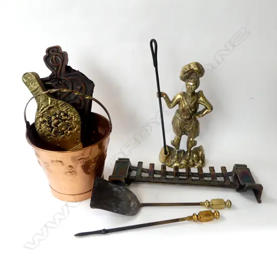  BRASS & COPPER FIRESIDE ACCESSORIES + GRATE + BUCKET ETC