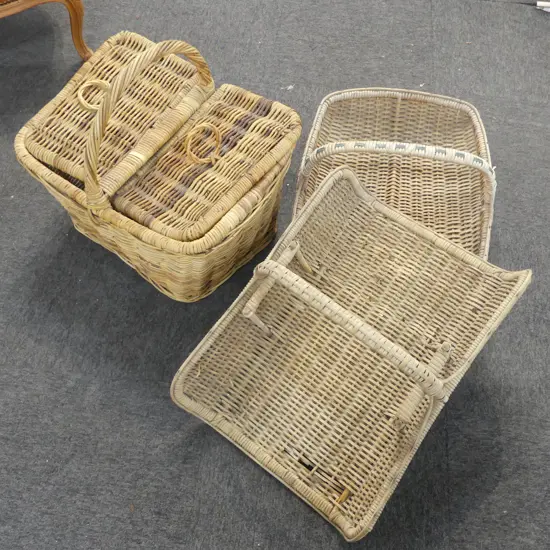 3 LG WOVEN BASKETS; 2 FLOWER TRUGS, 1 PICNIC