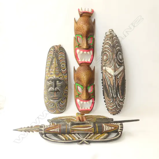 THREE NEW GUINEA CARVED MASKS’ + SHIELD H260-660MM